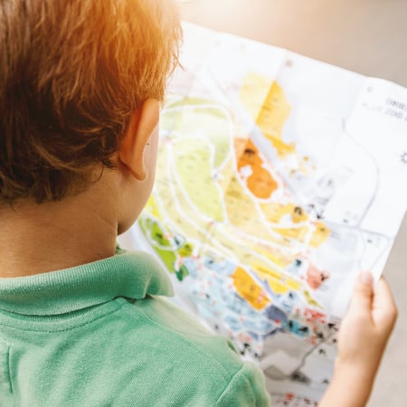 Child in green shirt looking at a map
